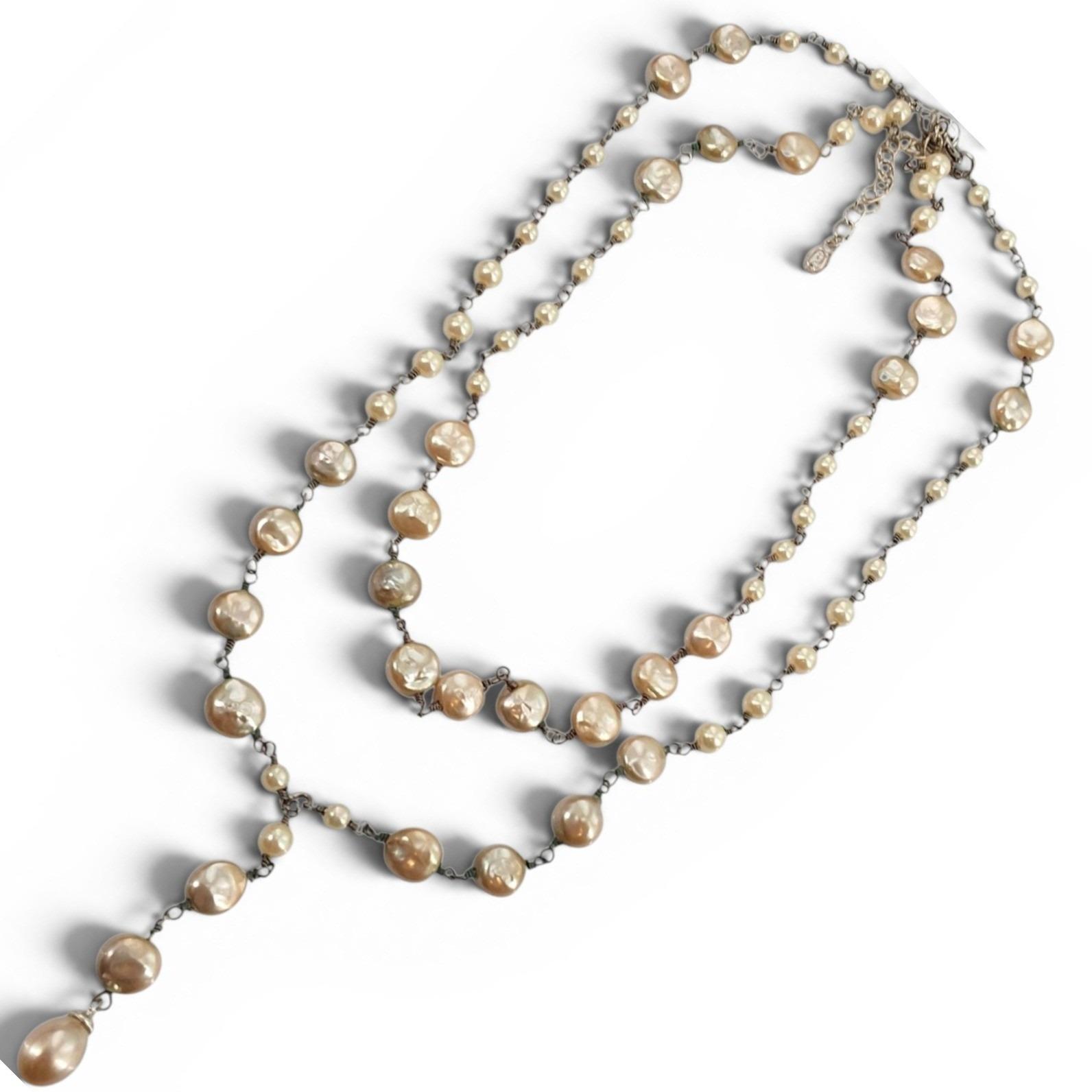 Monet Champagne Faux Pearl Multi-Strand Y-Necklace Silver Tone Teardrop