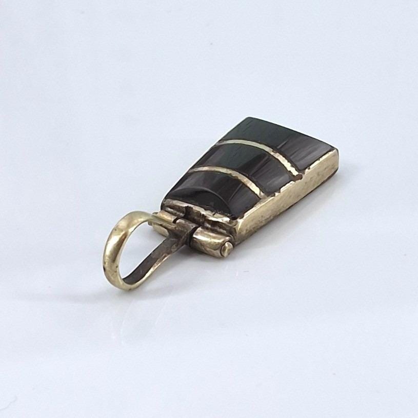 Vintage Art Deco Black Onyx Inlay Rectangular Silver Tone Pendant Charm