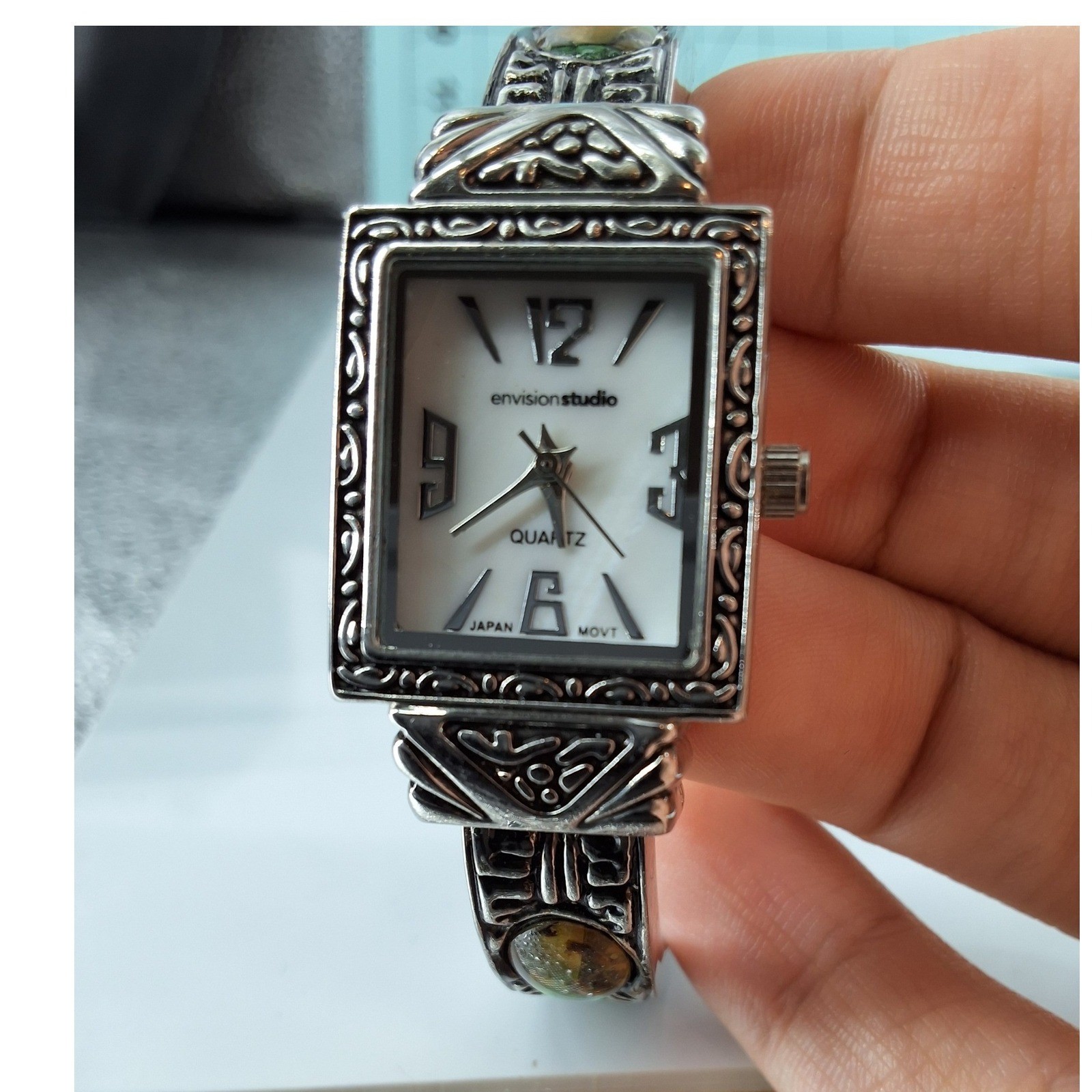 NWT Envision Studio Silver Filigree Abalone Cuff Watch MOP Dial SPK1156 - View 5