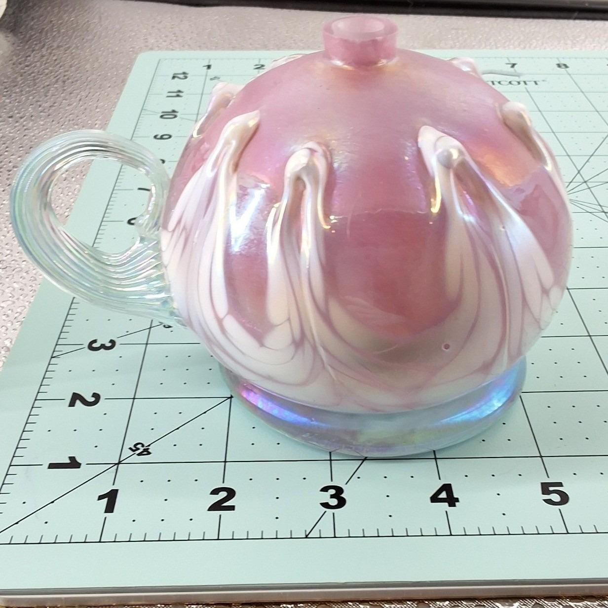 Mt St Helens Ash Glass Iridescent Pink Pulled Feather Oil Lamp Art Glass Handle - View 4