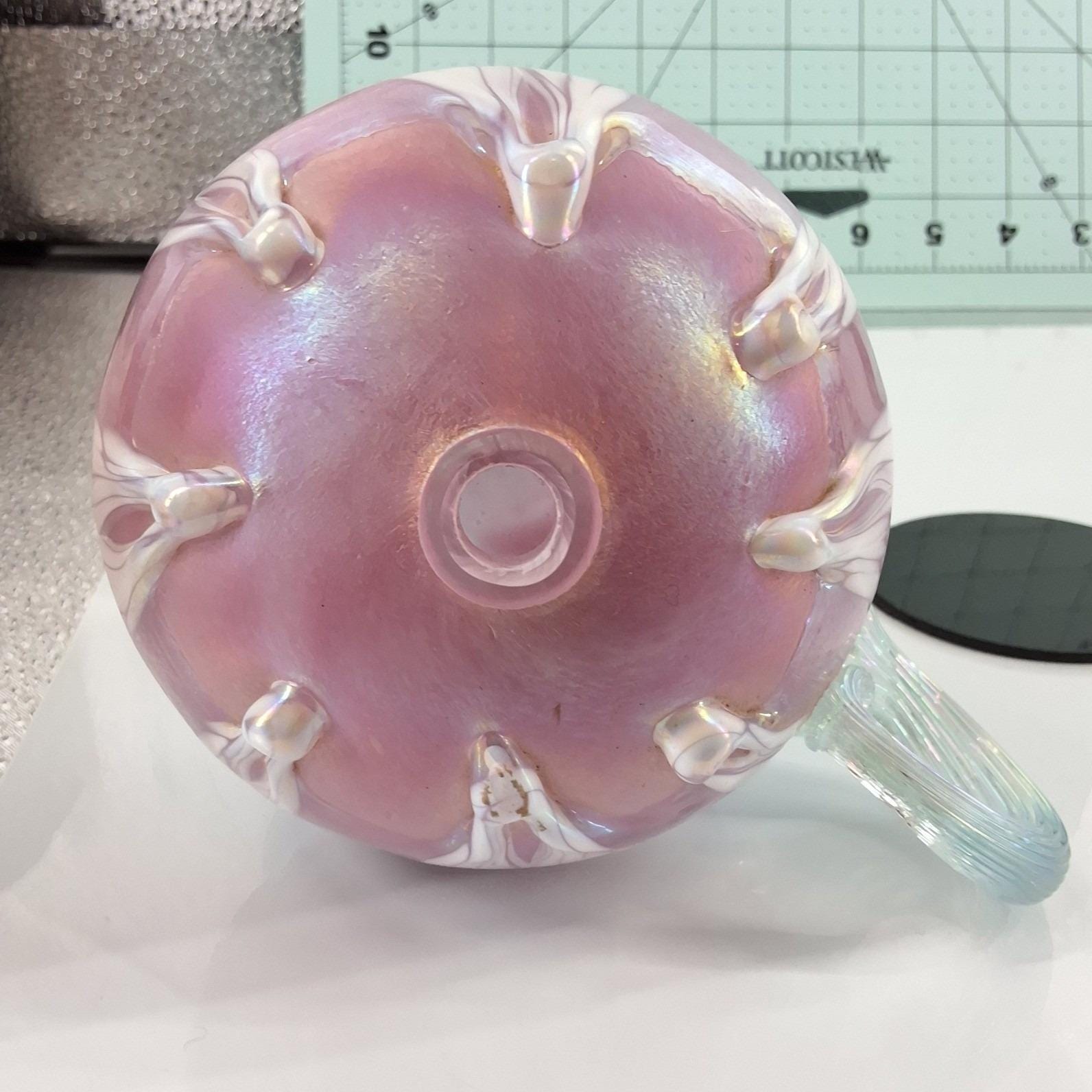 Mt St Helens Ash Glass Iridescent Pink Pulled Feather Oil Lamp Art Glass Handle - View 5