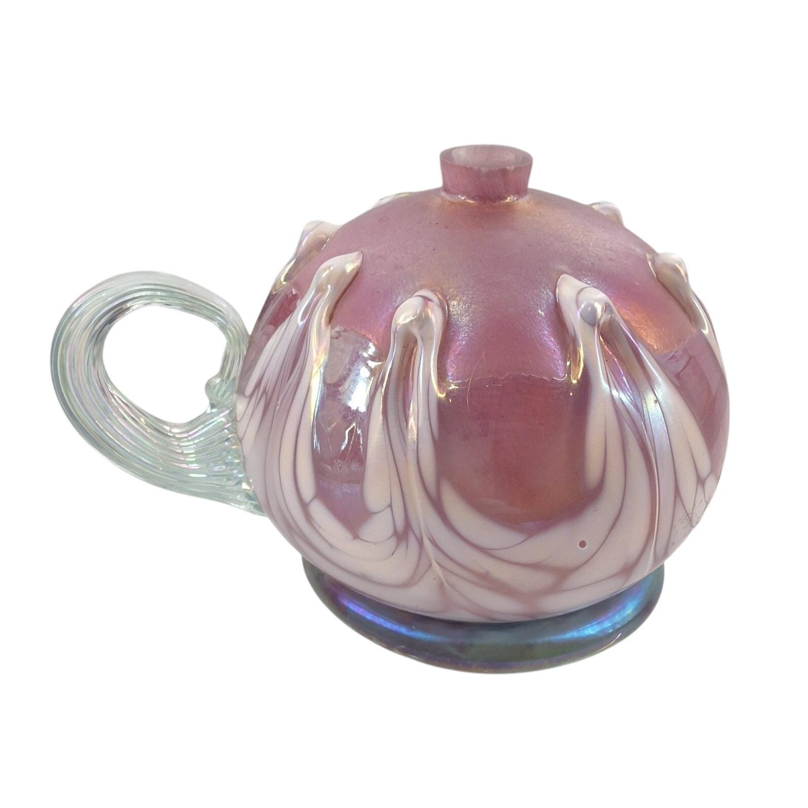 Mt St Helens Ash Glass Iridescent Pink Pulled Feather Oil Lamp Art Glass Handle - View 6