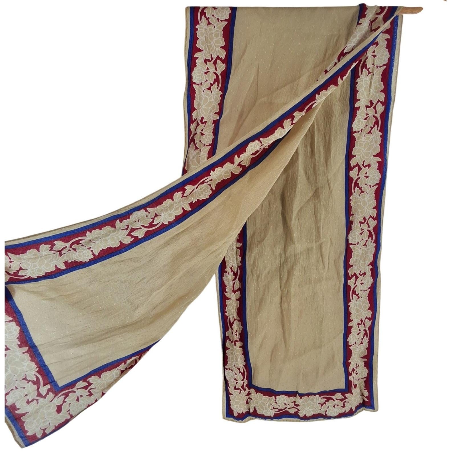 Vintage Tan Swiss Dot Jacquard Silk Scarf Floral Border Red Blue Rectangle 45" - View 4