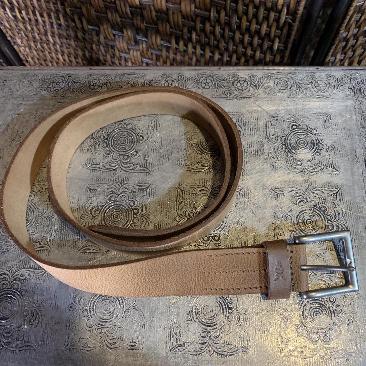 AllSaints Mens Brown Leather Belt Silver Buckle Embossed Ramskull Size 38 - View 21