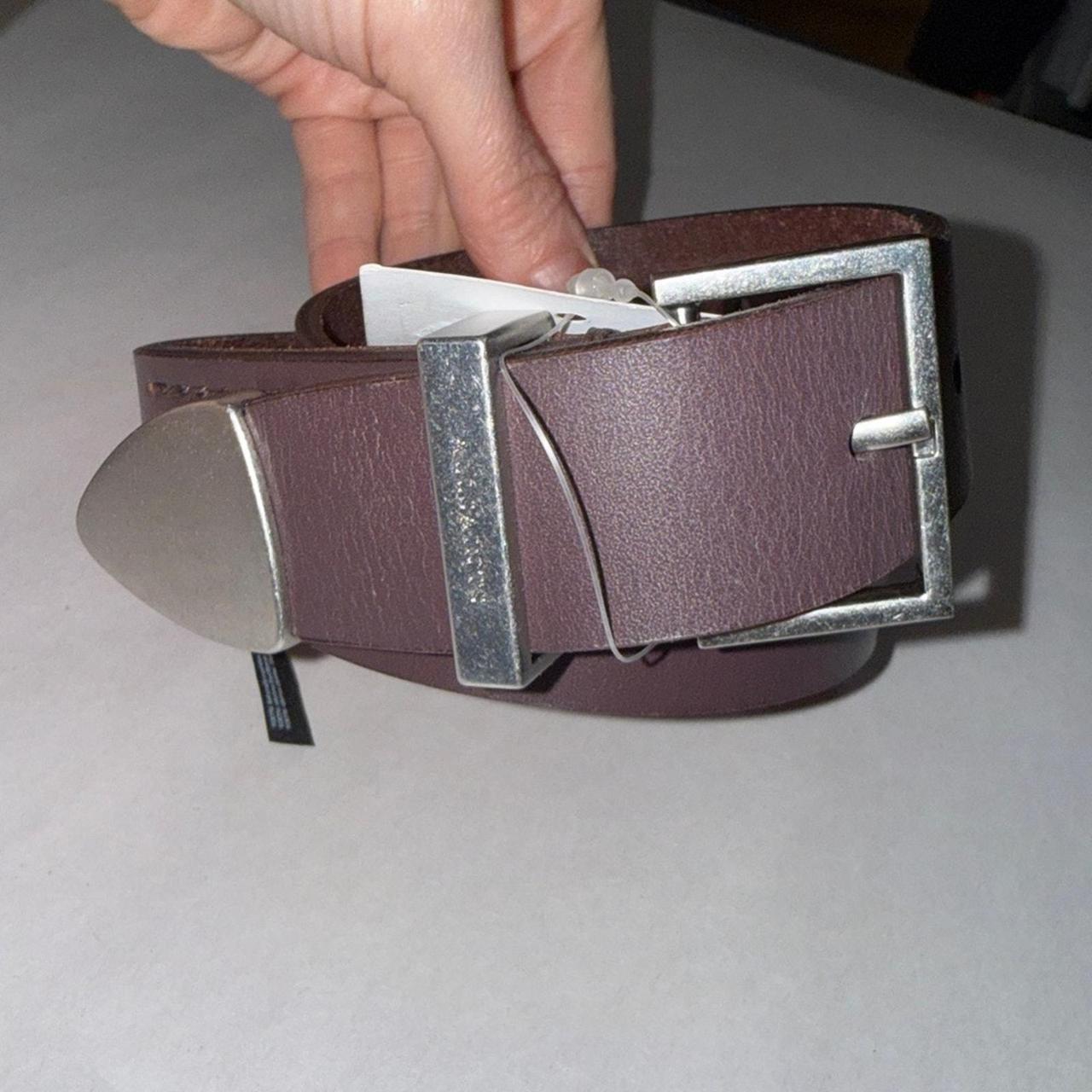 AllSaints Mens Brown Leather Belt Silver Buckle Embossed Ramskull Size 38 - View 22