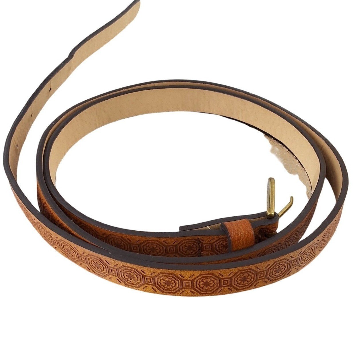 Steve Madden XL Cognac Brown Geometric Embossed Skinny Belt Gold Buckle - View 3