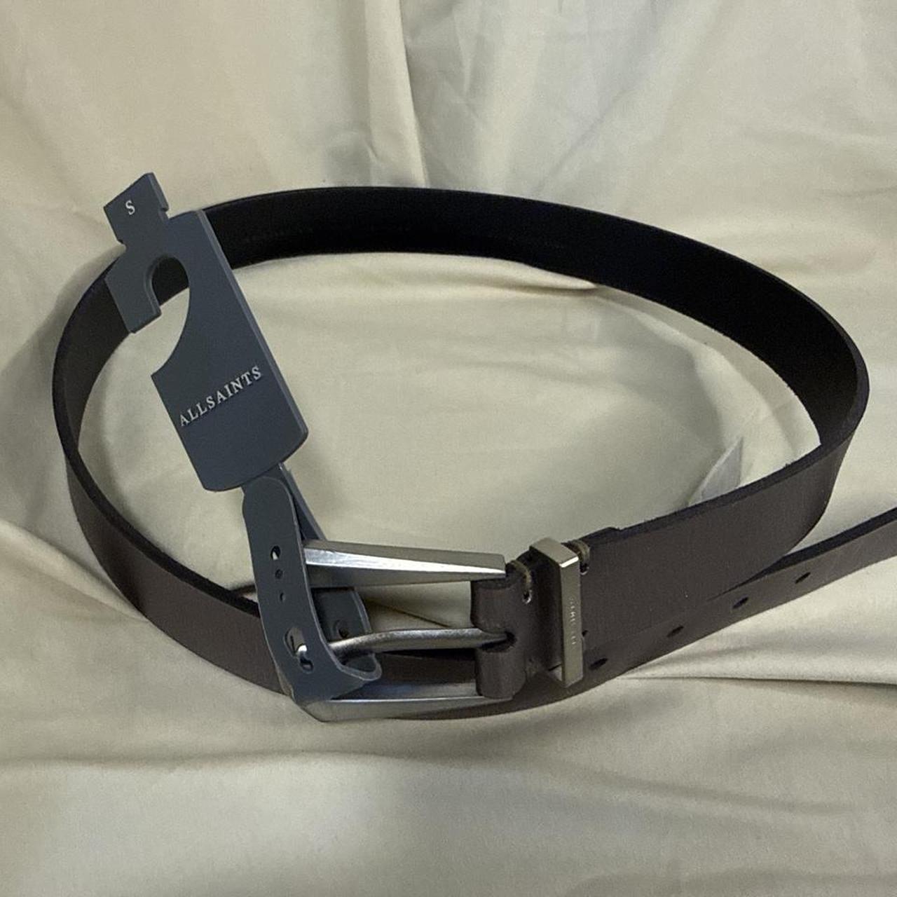 AllSaints Mens Brown Leather Belt Silver Buckle Embossed Ramskull Size 38 - View 11