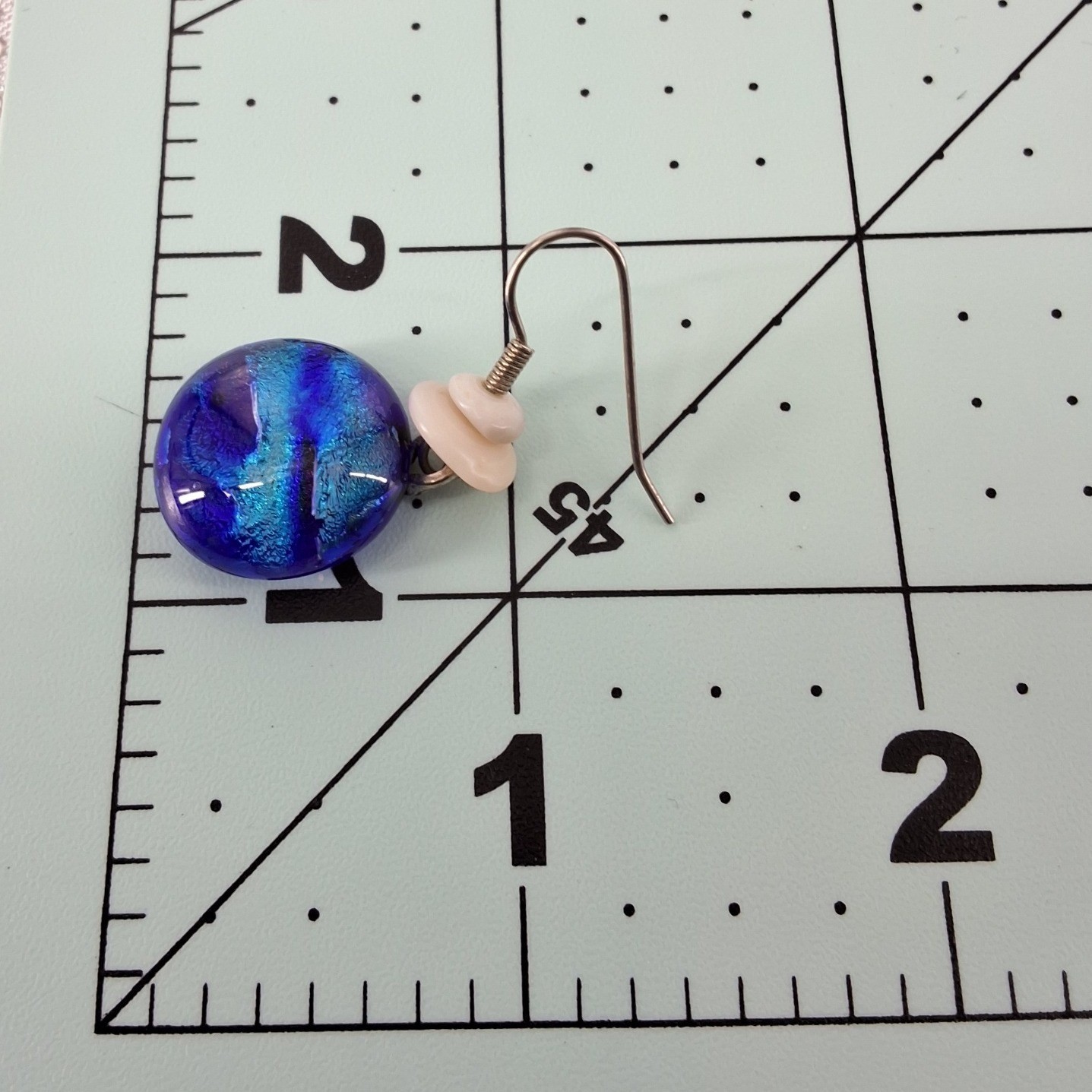 Blue Dichroic Glass Drop Earrings Silver Tone Shell Accent Artisan - View 3