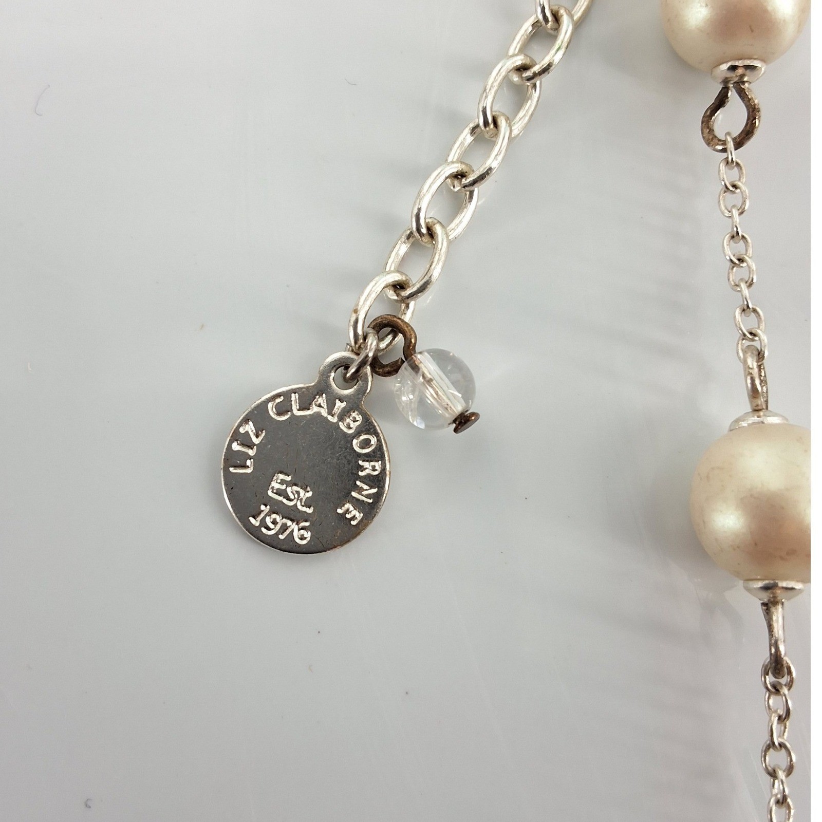 Liz Claiborne Silver Tone Faux Pearl Station Necklace Adjustable 16-19"
