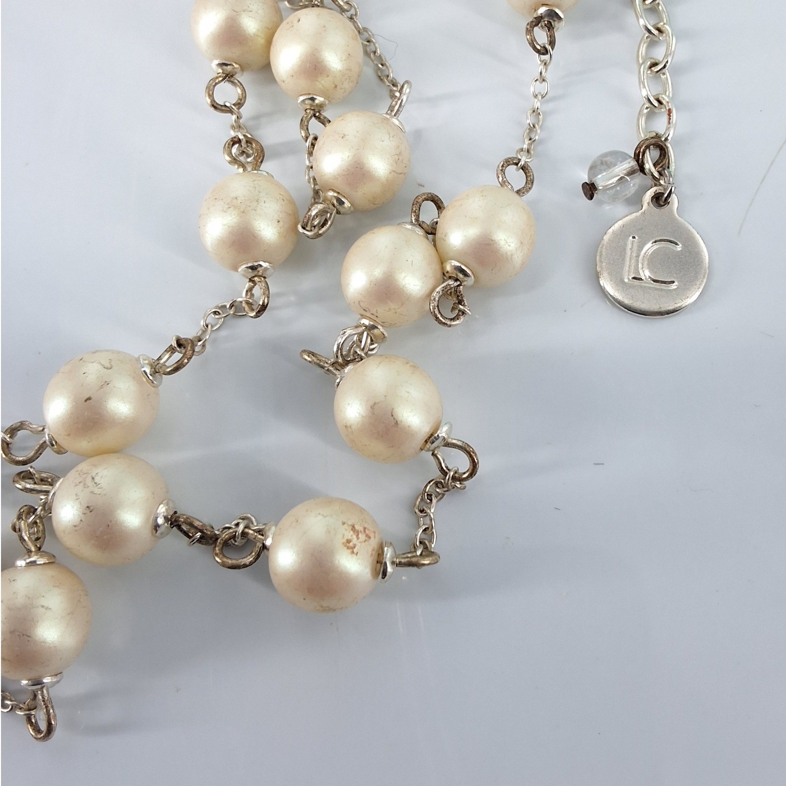 Liz Claiborne Silver Tone Faux Pearl Station Necklace Adjustable 16-19" - View 4