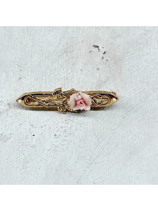 1928 Jewelry Yorkies in Rain Gold Tone Brooch Pink Porcelain Rose Faux Pearl - View 10