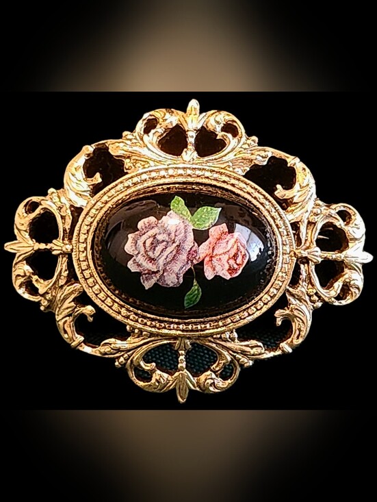 1928 Jewelry Yorkies in Rain Gold Tone Brooch Pink Porcelain Rose Faux Pearl - View 14