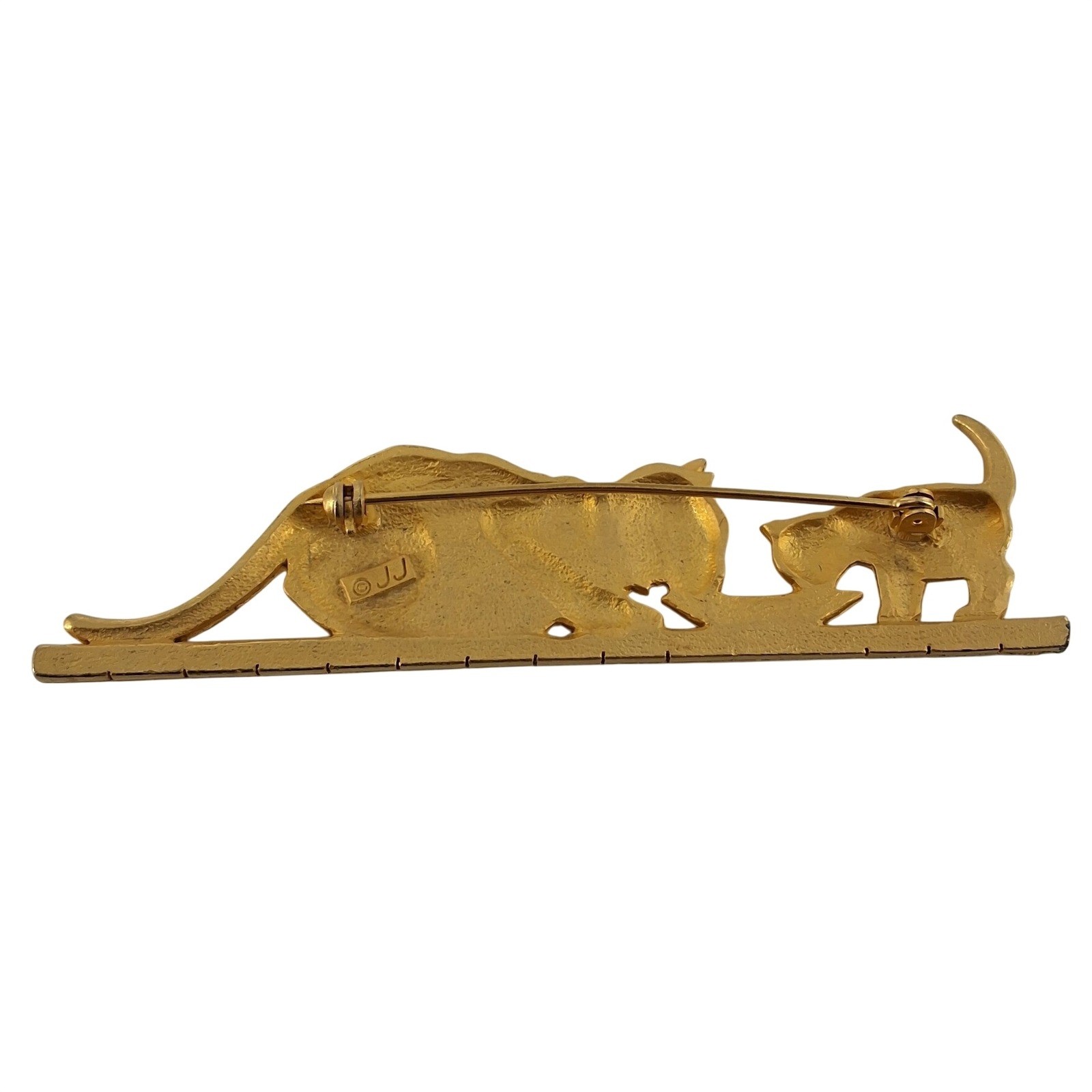Vintage JJ Jonette Jewelry Cat and Kitten Eating Gold Tone Brooch Pin 3.5"