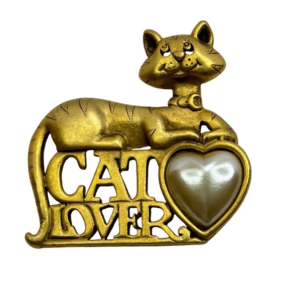 Vintage JJ Jonette Jewelry Cat and Kitten Eating Gold Tone Brooch Pin 3.5" - View 6