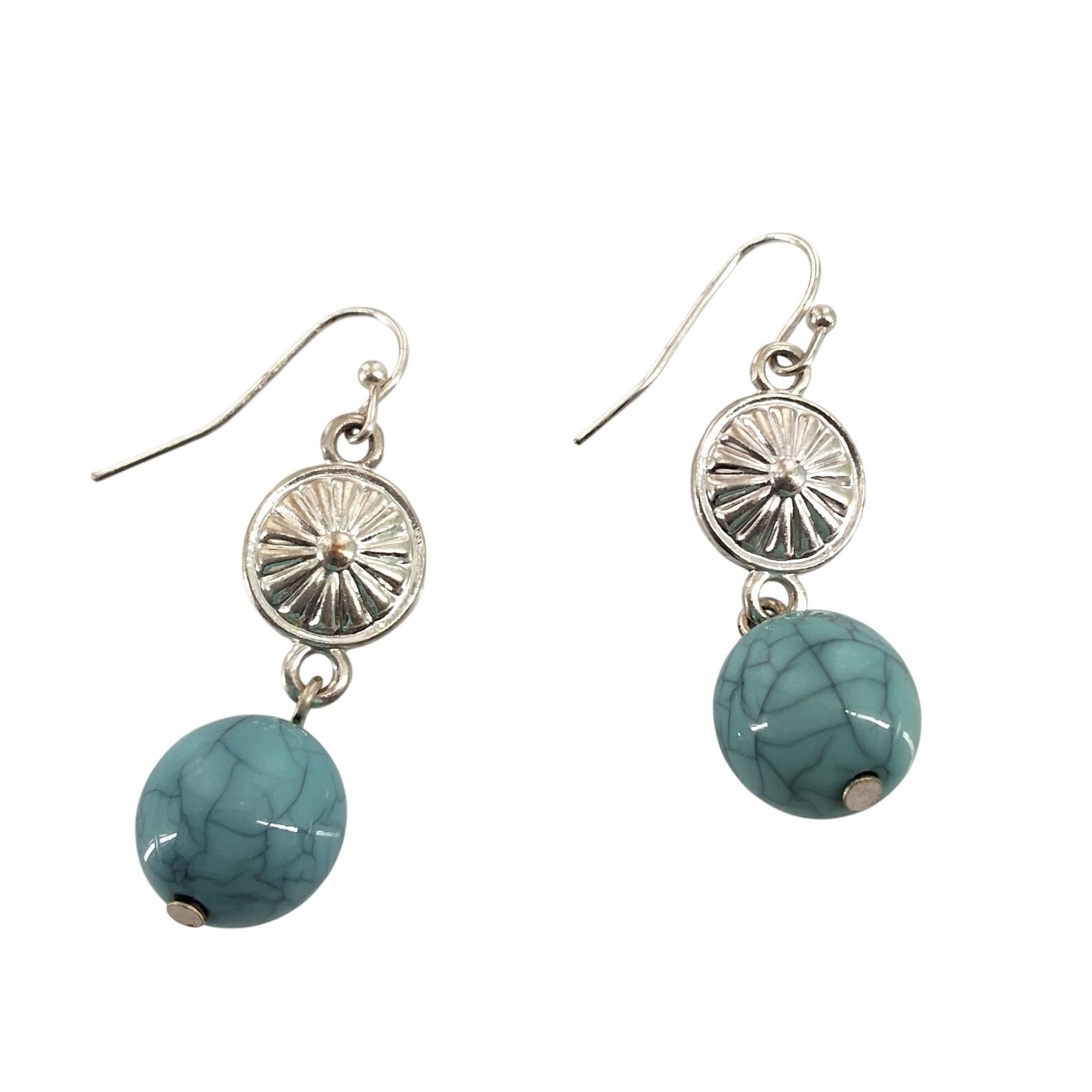 Silver Tone Turquoise Blue Howlite Stone Sunburst Medallion Boho Drop Earrings