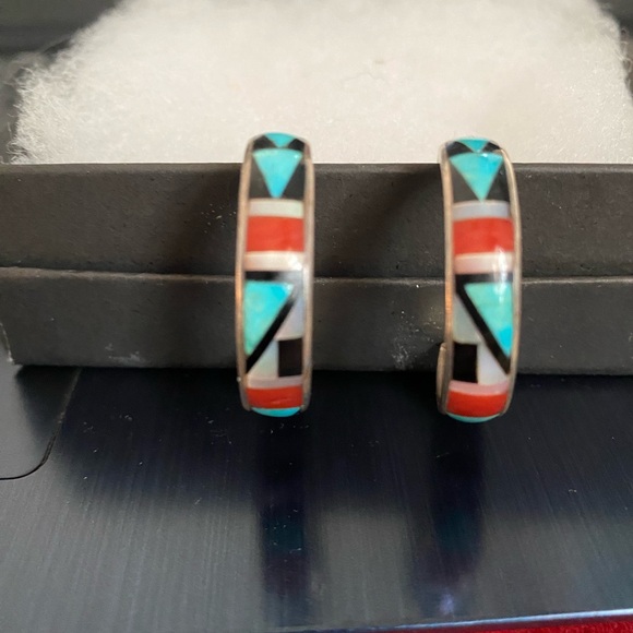 Blue Dichroic Glass Drop Earrings Silver Tone Shell Accent Artisan - View 12