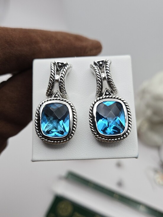 Silver Tone Turquoise Blue Howlite Stone Sunburst Medallion Boho Drop Earrings - View 4