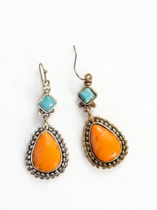 Silver Tone Turquoise Blue Howlite Stone Sunburst Medallion Boho Drop Earrings - View 6