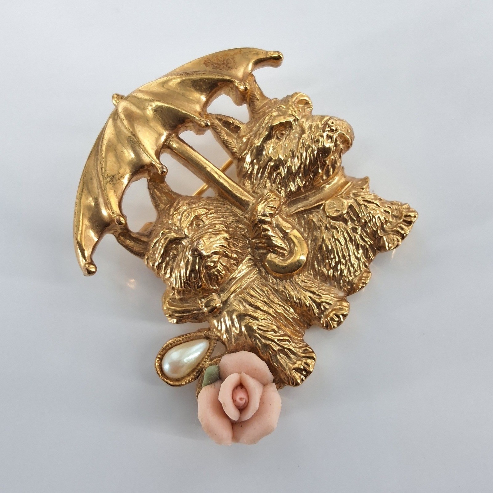 1928 Jewelry Yorkies in Rain Gold Tone Brooch Pink Porcelain Rose Faux Pearl - View 4