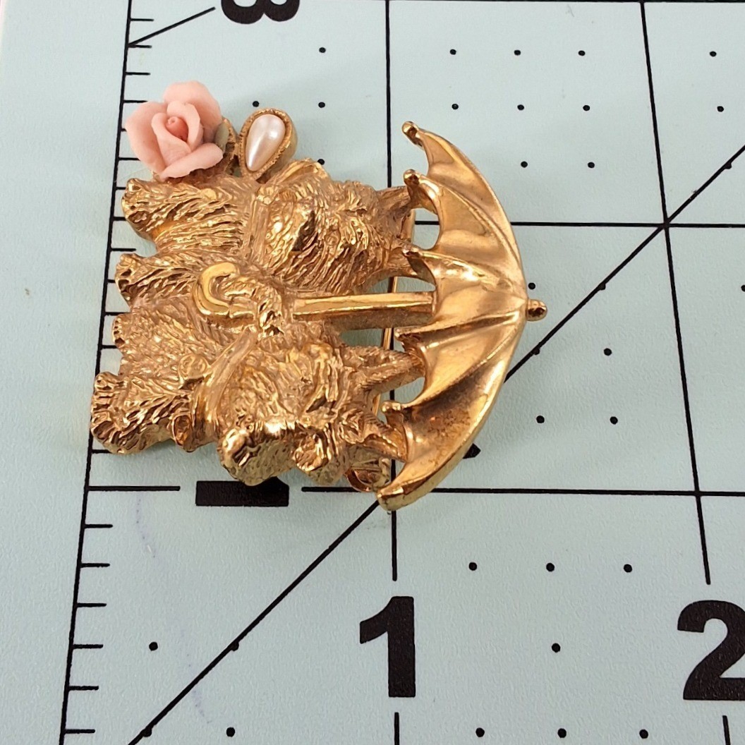 1928 Jewelry Yorkies in Rain Gold Tone Brooch Pink Porcelain Rose Faux Pearl - View 5