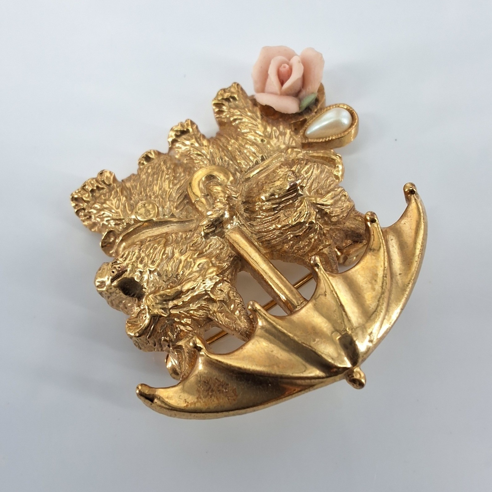 1928 Jewelry Yorkies in Rain Gold Tone Brooch Pink Porcelain Rose Faux Pearl - View 6