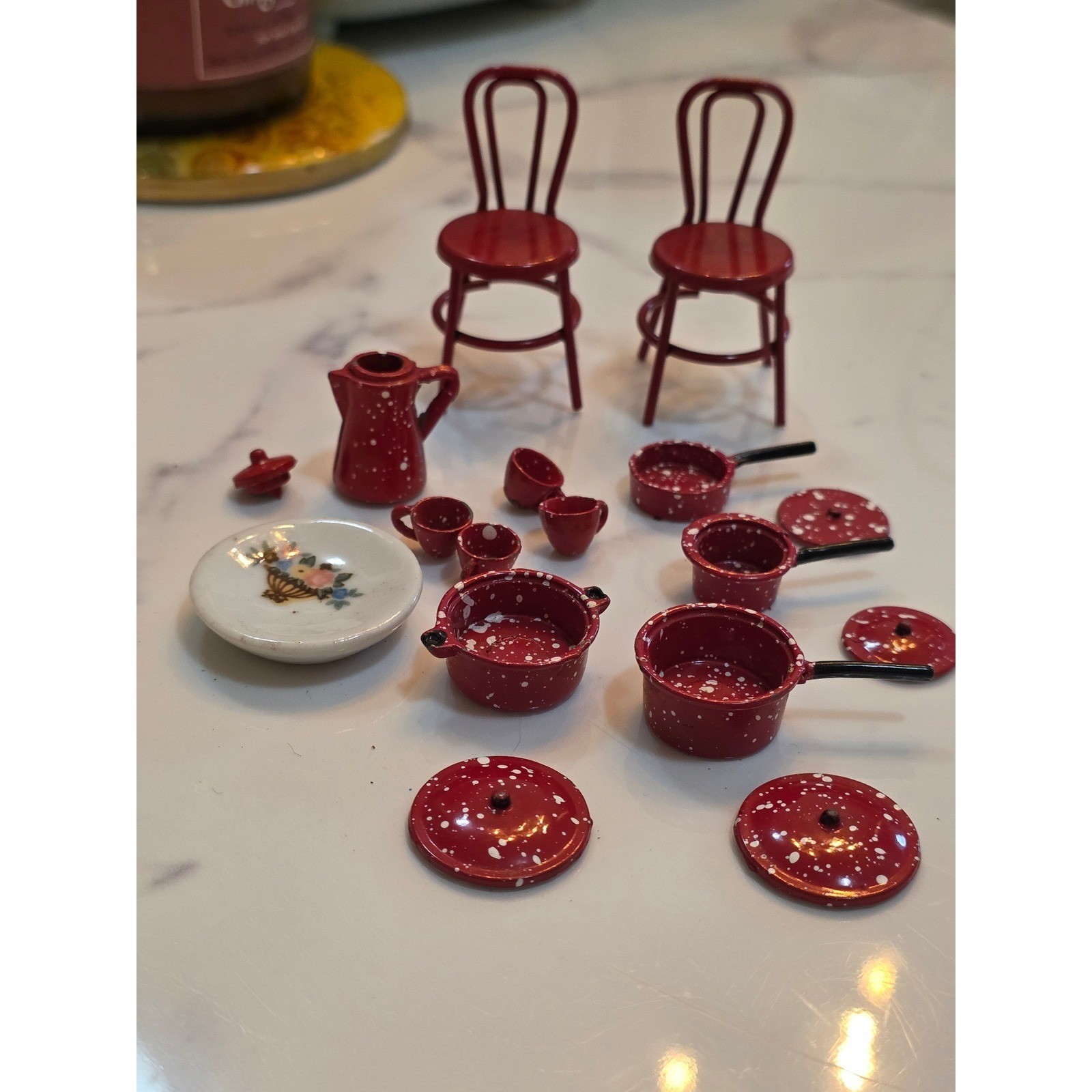Vintage Miniature Red Speckled Enamelware Dollhouse Kitchen Set Pots Pans - View 3