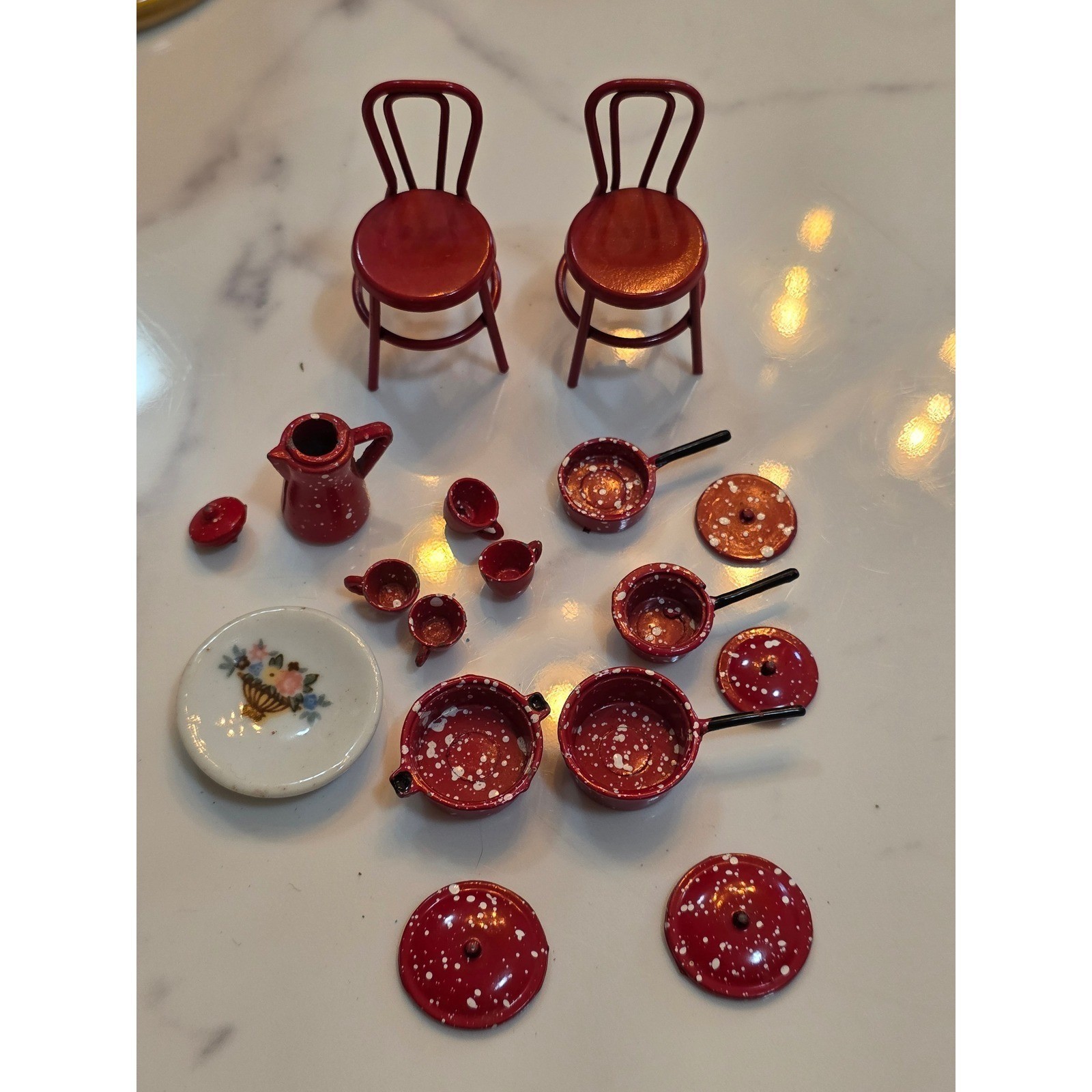 Vintage Miniature Red Speckled Enamelware Dollhouse Kitchen Set Pots Pans - View 5