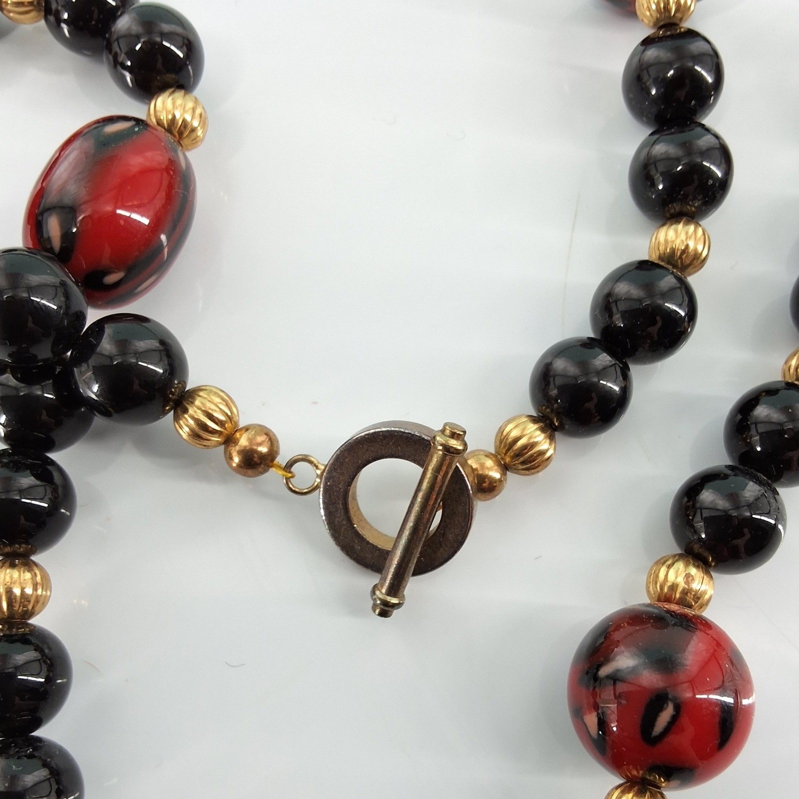 Vintage Black Red Beaded Statement Necklace Teardrop Pendant Toggle - View 3