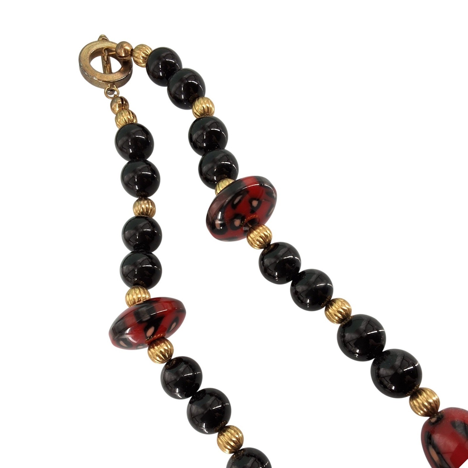 Vintage Black Red Beaded Statement Necklace Teardrop Pendant Toggle - View 4