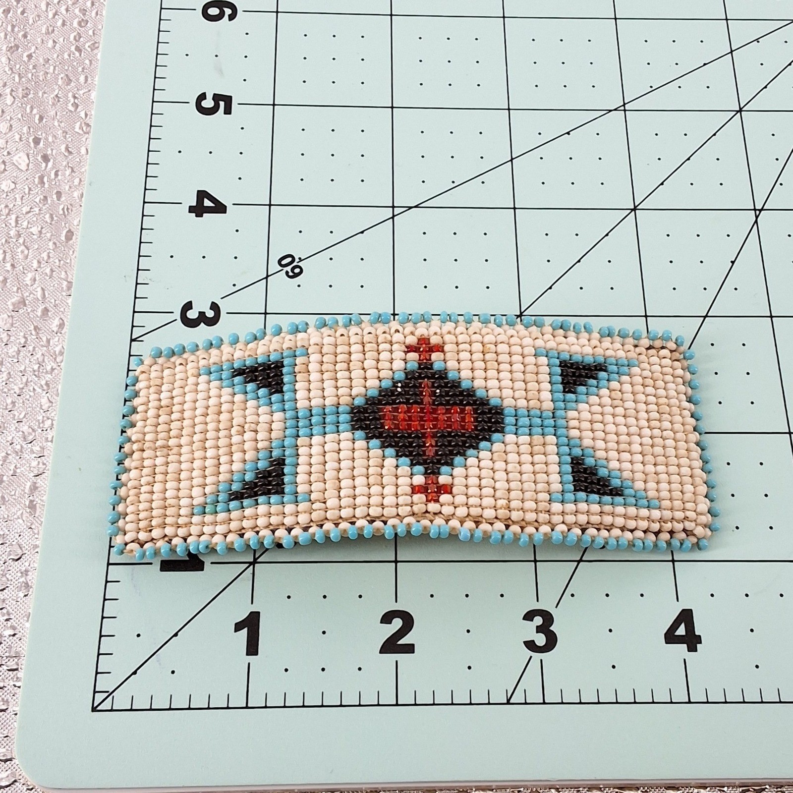 Vintage Southwestern Geometric Beaded Hair Barrette Genuine Leather Backing Boho - View 3