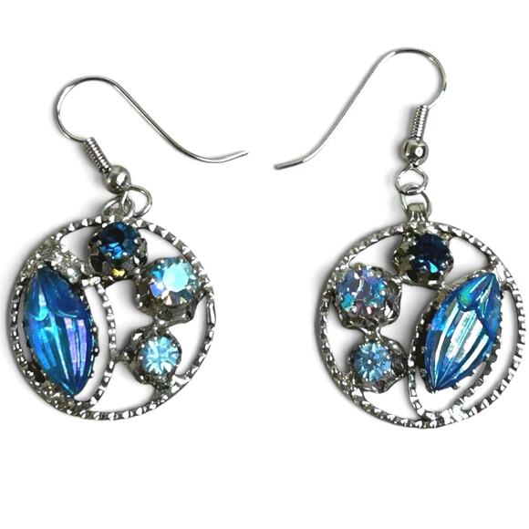 Vintage Blue Cat's Eye Oval Stud Earrings Silver Tone Luminous Chatoyant - View 8