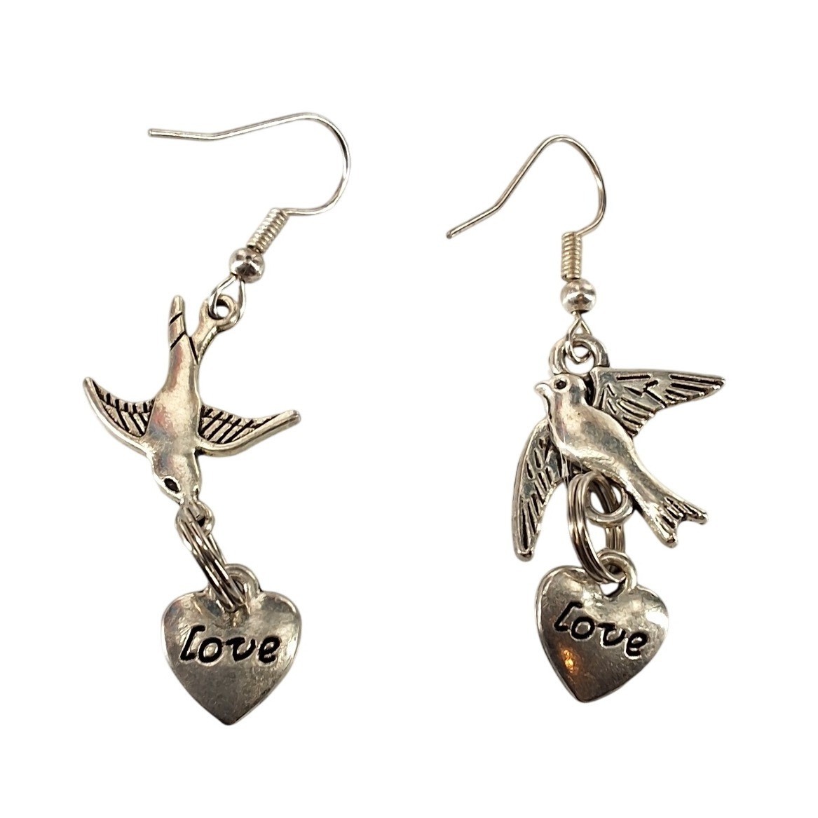 Silver Tone Bird Swallow Heart Love Dangle Drop Earrings Fishhook Whimsical