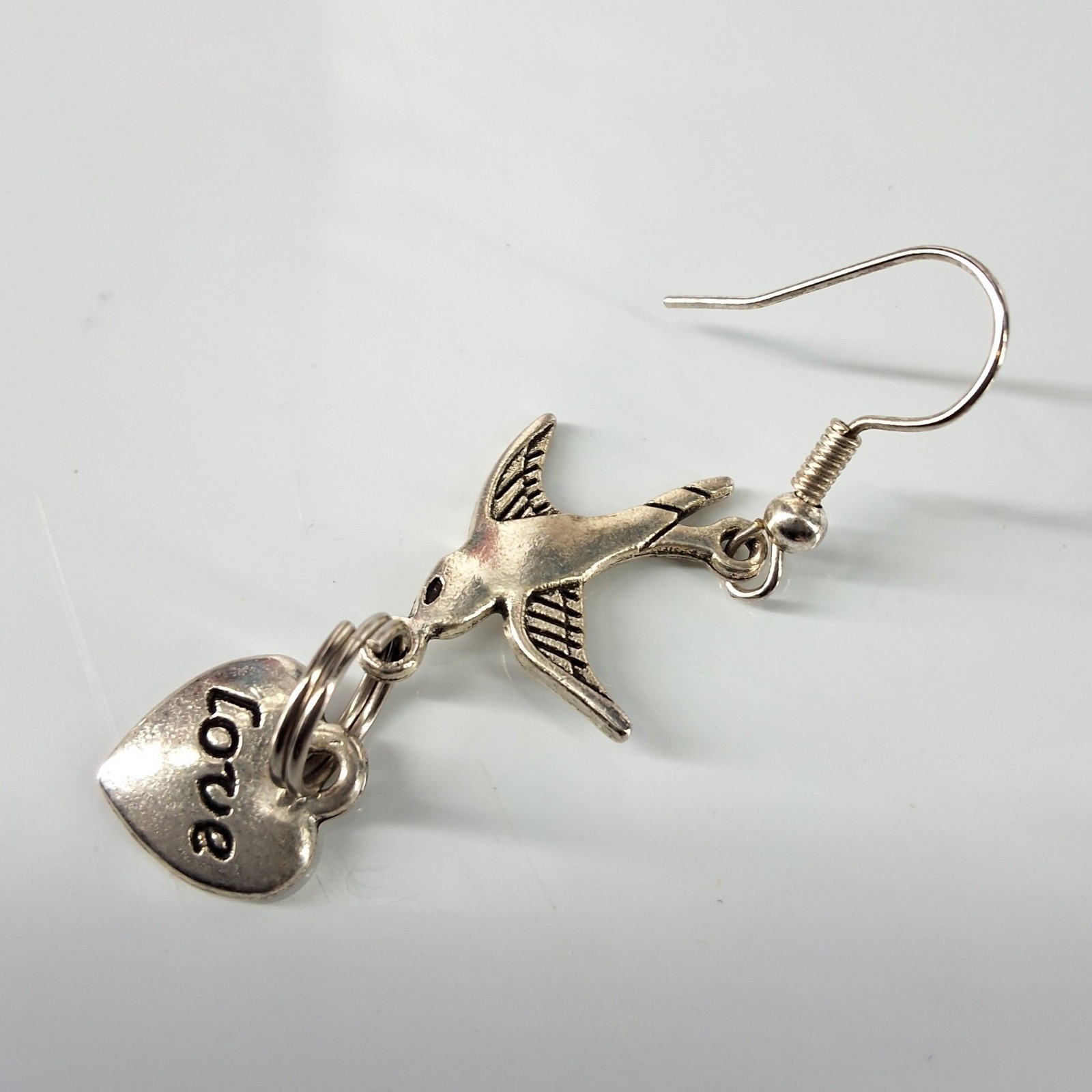 Silver Tone Bird Swallow Heart Love Dangle Drop Earrings Fishhook Whimsical - View 3