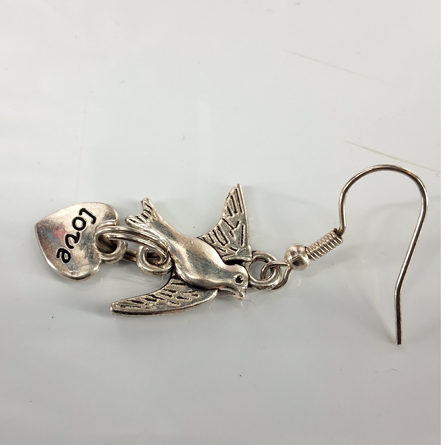 Silver Tone Bird Swallow Heart Love Dangle Drop Earrings Fishhook Whimsical - View 4