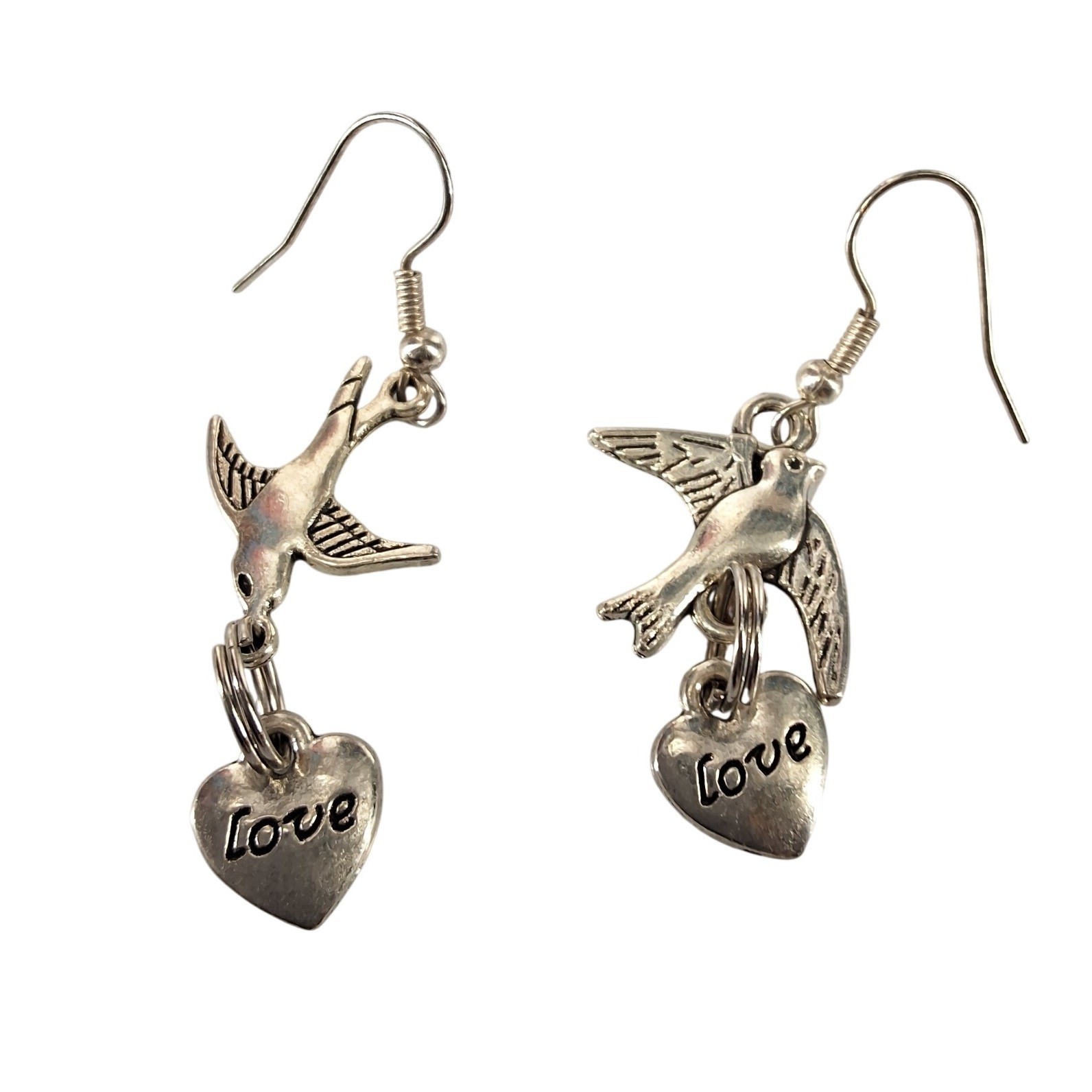 Silver Tone Bird Swallow Heart Love Dangle Drop Earrings Fishhook Whimsical - View 6