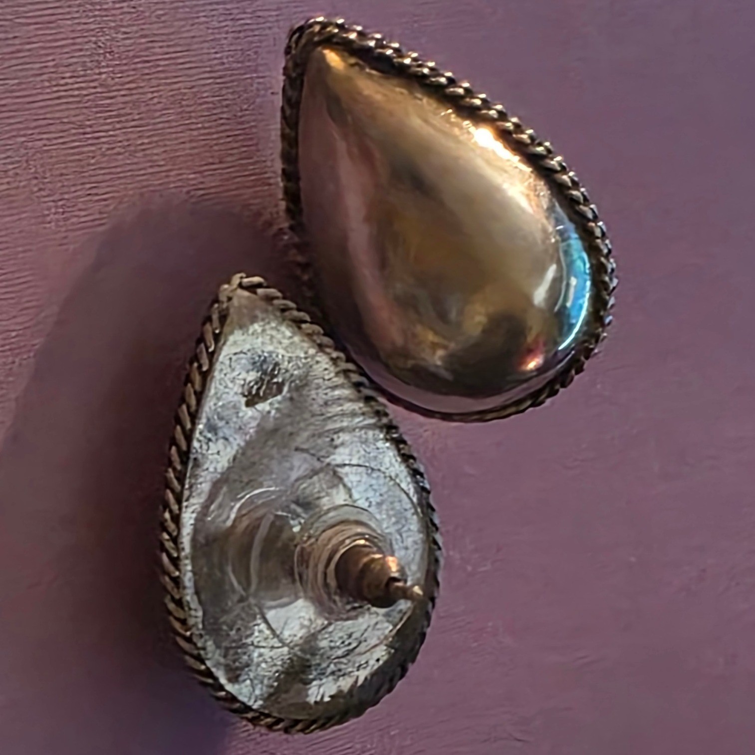 Vintage Sterling Silver 925 Puffed Teardrop Stud Earrings Rope Border - View 3