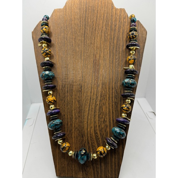 Vintage Amber Resin Button & Faux Pearl Statement Necklace 24in - View 6