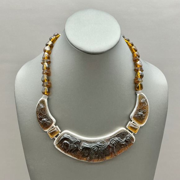 Vintage Amber Resin Button & Faux Pearl Statement Necklace 24in - View 13