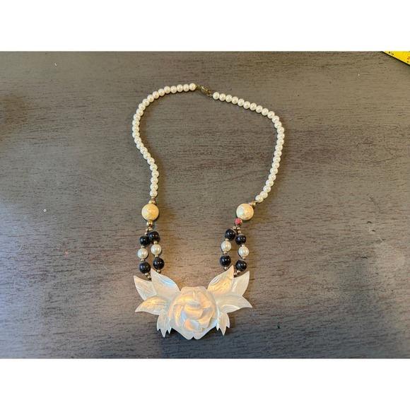 Vintage Amber Resin Button & Faux Pearl Statement Necklace 24in - View 14