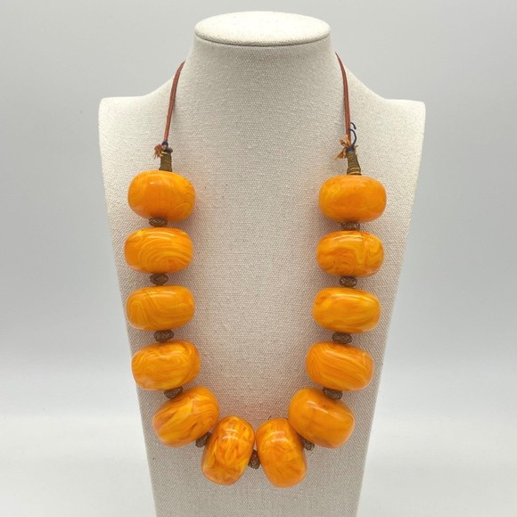 Vintage Amber Resin Button & Faux Pearl Statement Necklace 24in - View 15