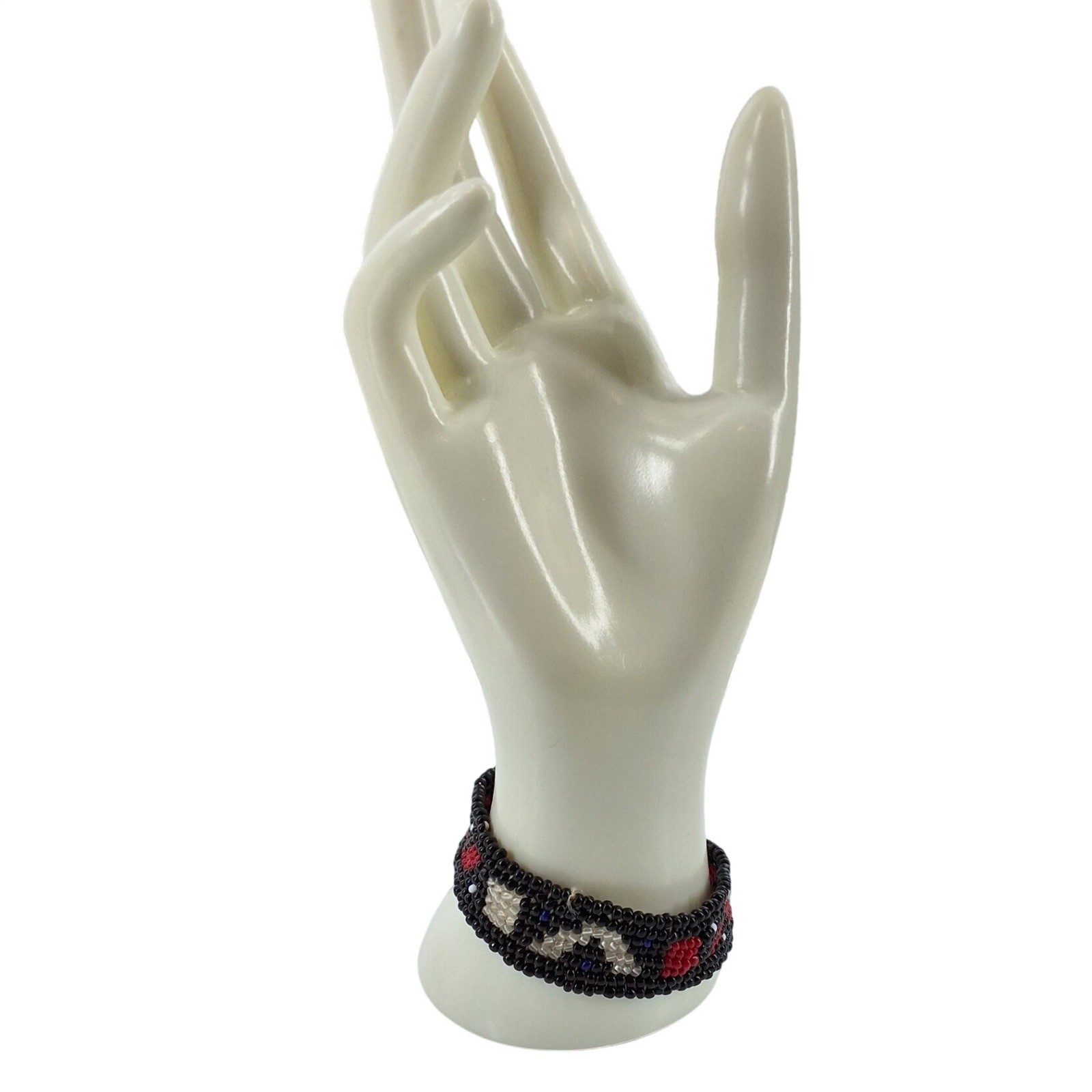 Handmade Seed Bead Cuff Bracelet Black Red White Geometric Tribal Boho 7.5 Inch - View 4