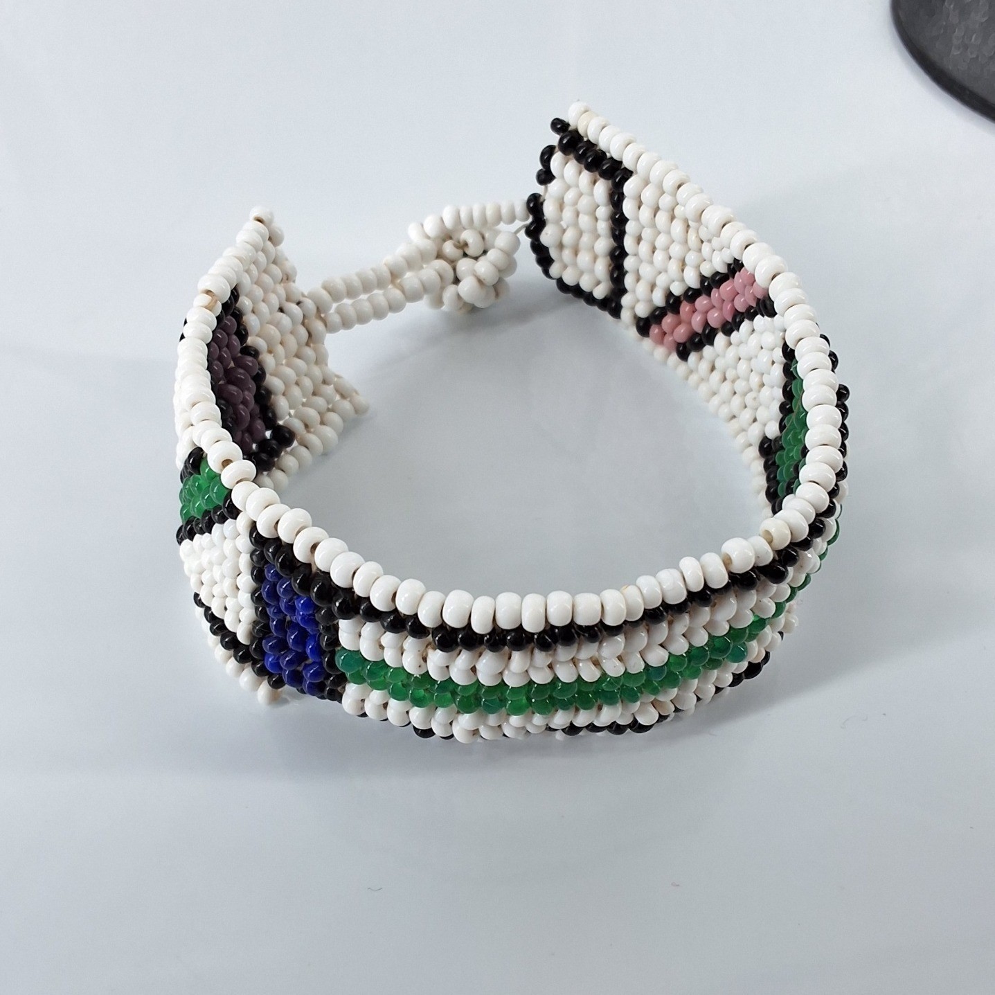 Handmade Geometric Seed Bead Cuff Bracelet White Green Boho Southwestern Wide - View 3