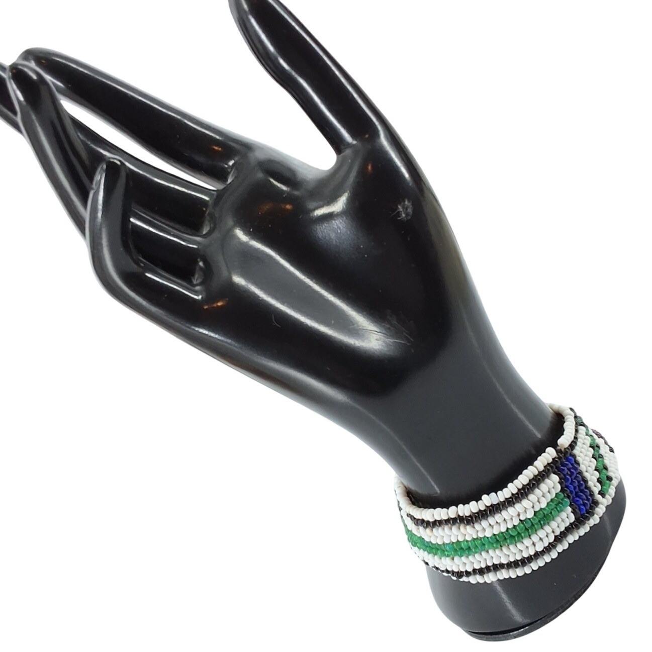 Handmade Geometric Seed Bead Cuff Bracelet White Green Boho Southwestern Wide - View 4