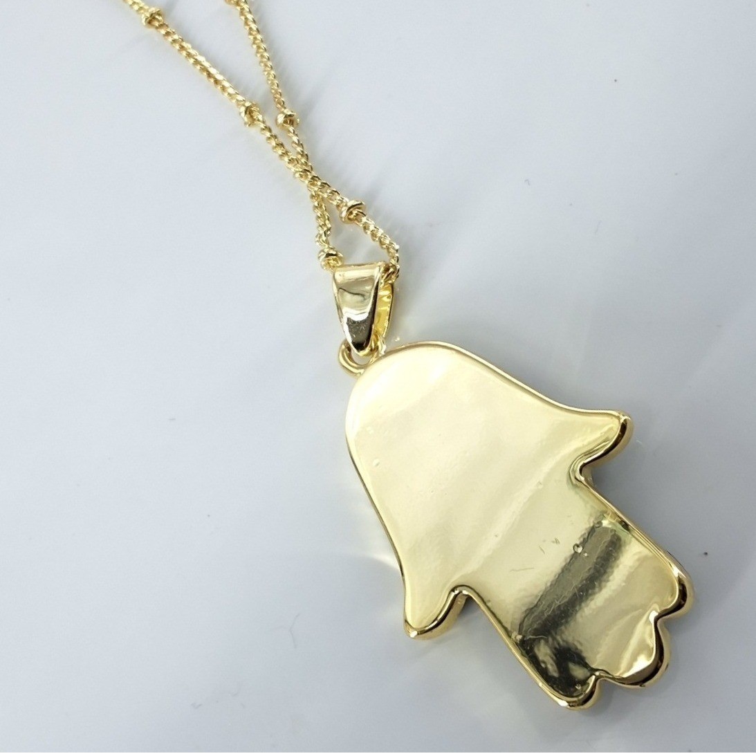Gold Tone Hamsa Hand Pendant Necklace Black Enamel Satellite Chain - View 3