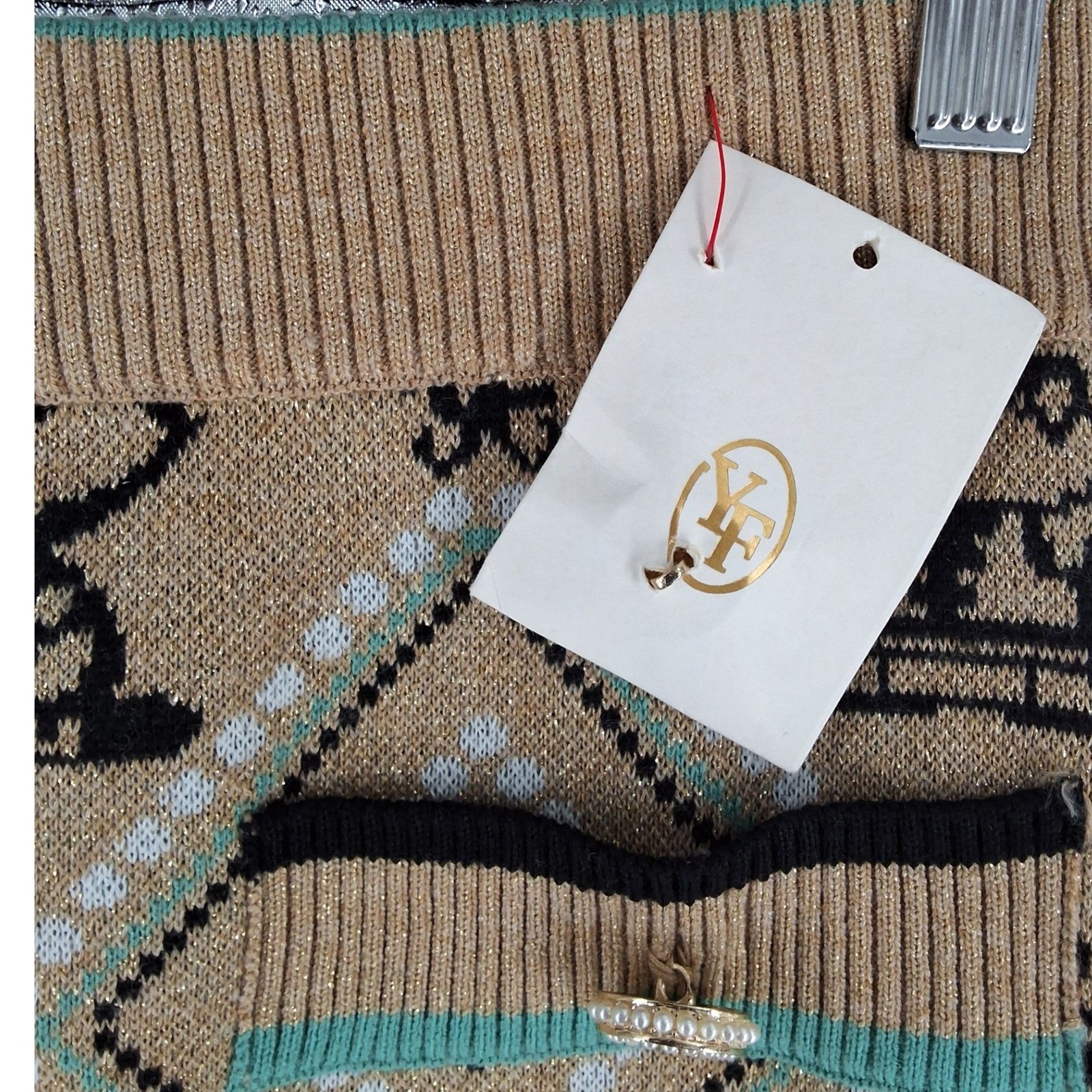 YF Metallic Knit Tiger Heart Argyle Mini Skirt Tan Teal Pearl Button Accent