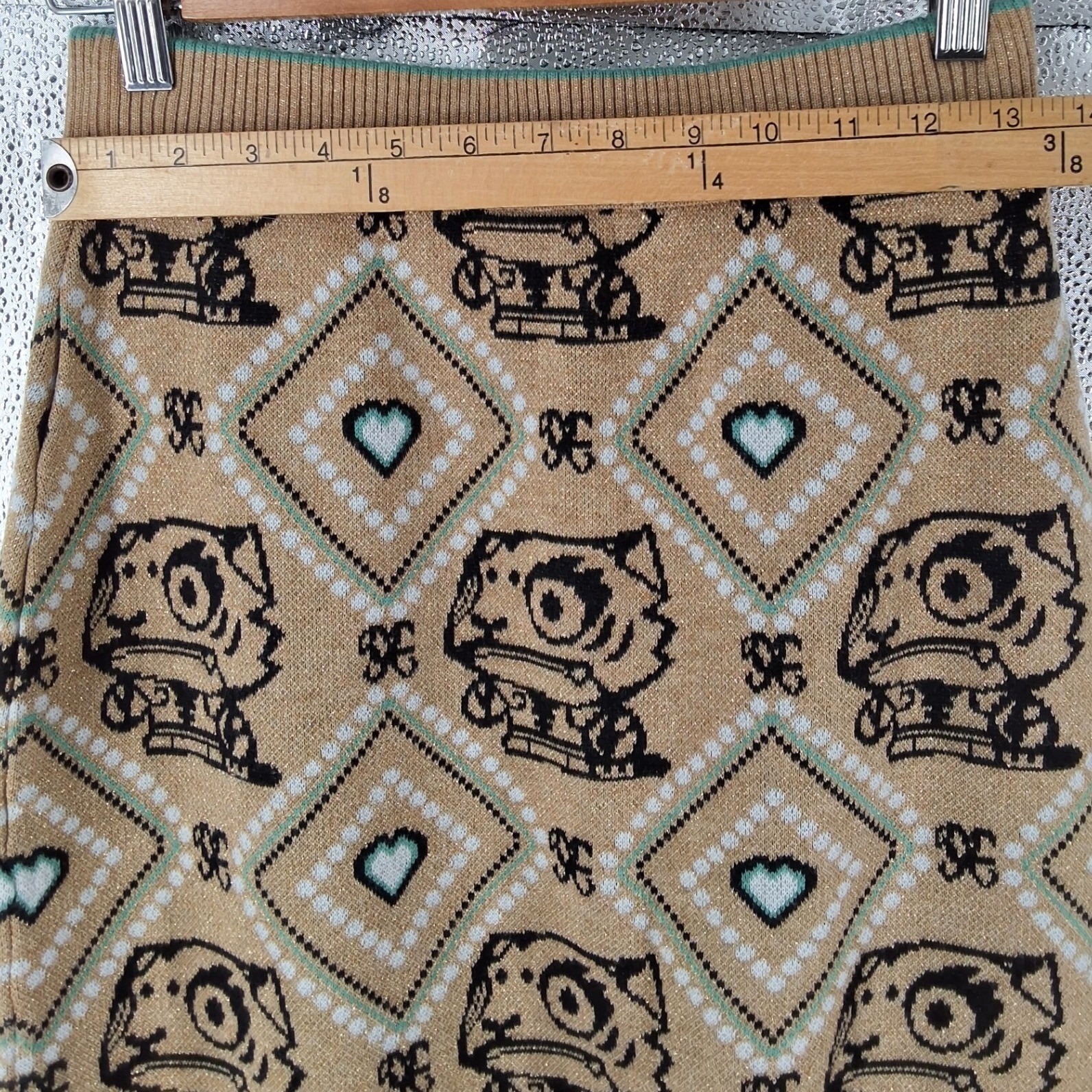 YF Metallic Knit Tiger Heart Argyle Mini Skirt Tan Teal Pearl Button Accent - View 4