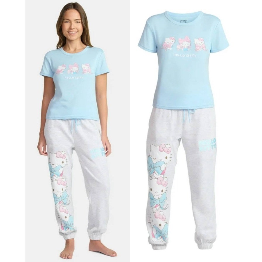 Hello Kitty Heather Grey Graphic Jogger Sweatpants Sanrio Blue Bows Medium - View 9