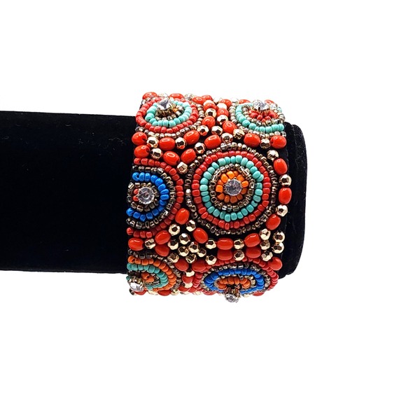 Handmade Geometric Seed Bead Cuff Bracelet White Green Boho Southwestern Wide - View 16