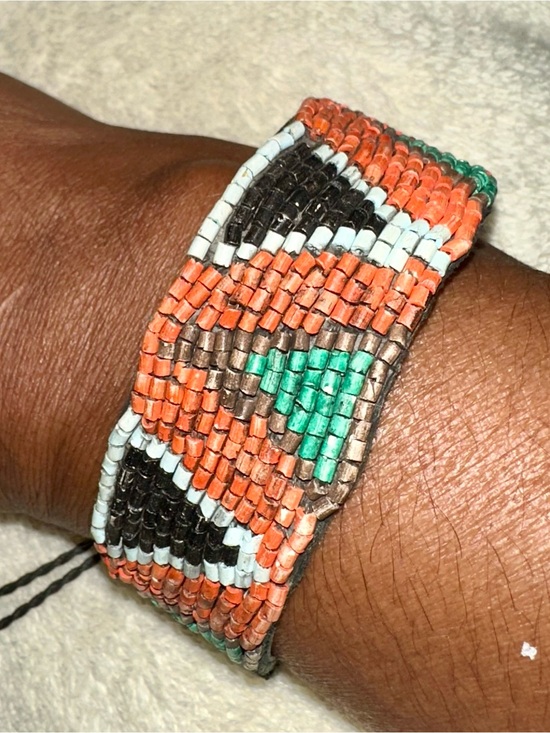 Handmade Geometric Seed Bead Cuff Bracelet White Green Boho Southwestern Wide - View 19