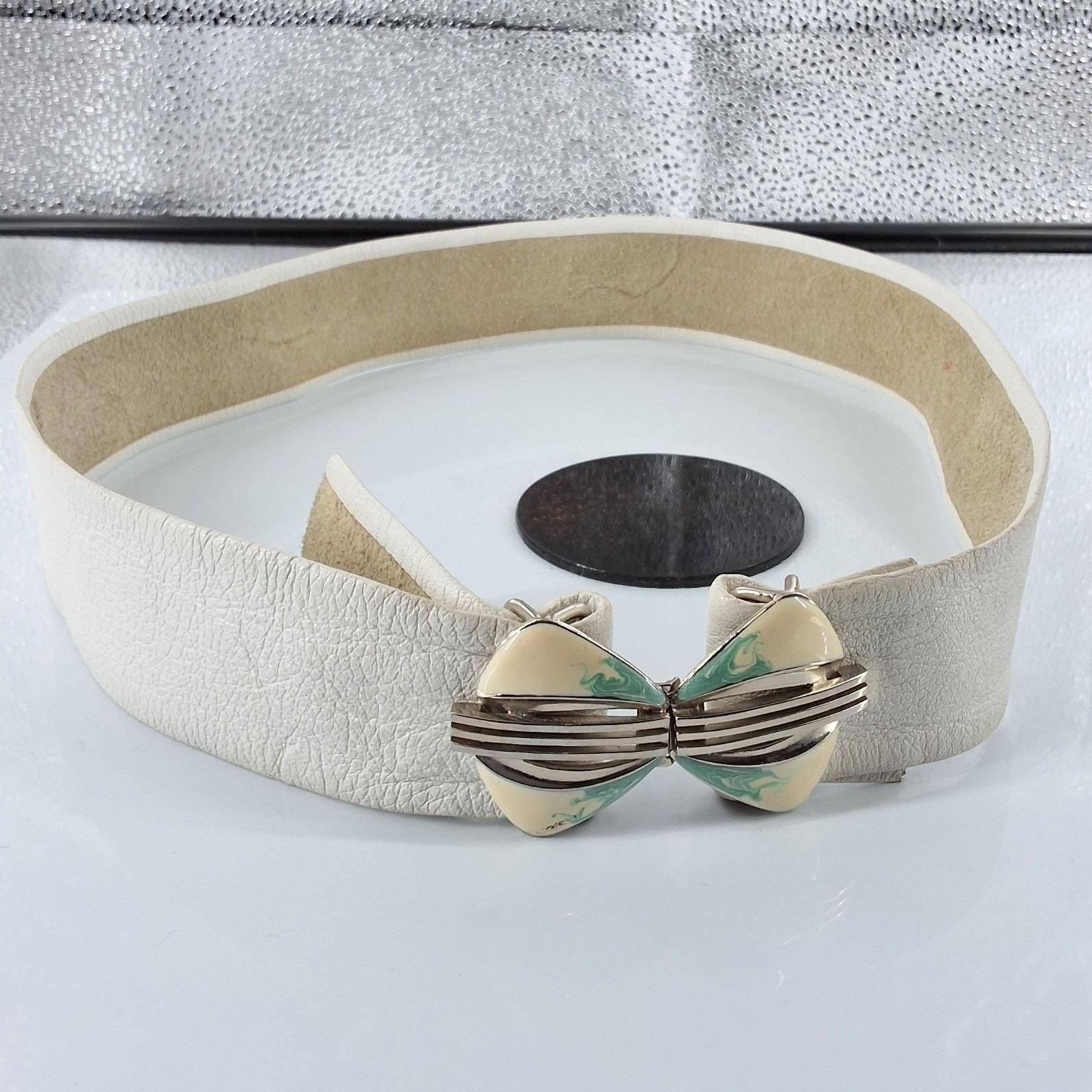Vintage 80s Cream Goat Leather Cinch Belt Art Deco Enamel Butterfly Buckle 26.5"